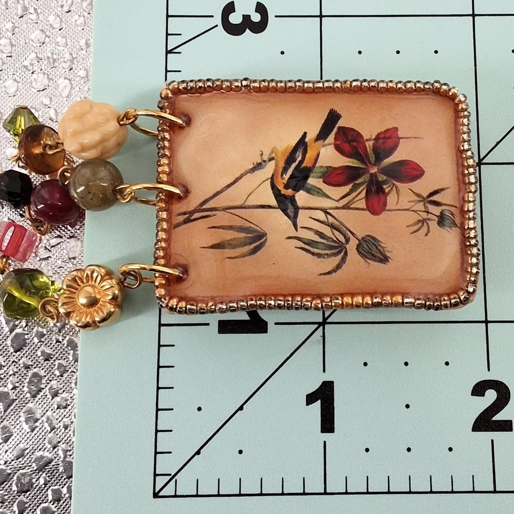 Vtg‎ Katy Stidley Let It Bead Artisan Bird Flower Beaded Dangle Brooch Pin 90s